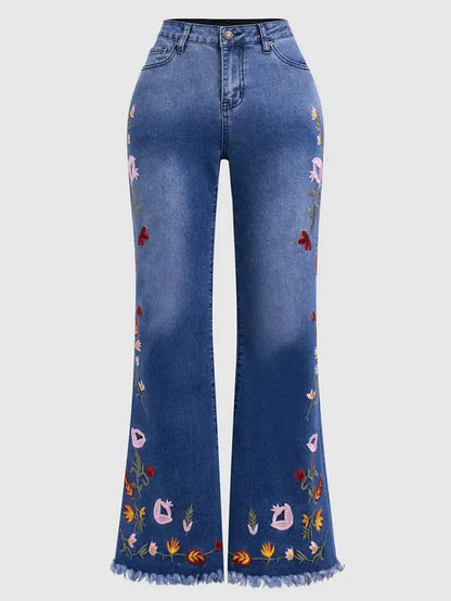 Elastic Embroidered Elegant Temperament Flared Jeans.Women's Four Seasons New Fashion Comfortable Slim-fit Mid-waist Jeans Women