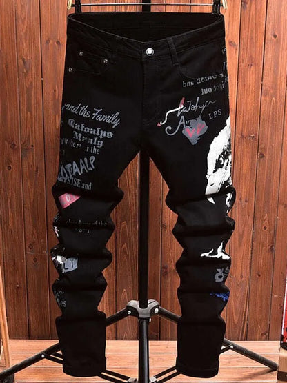 2025 Spring and Autumn New Fashion Trend Printed Black Straight Leg Jeans Men's Casual Comfort Breathable High Quality Pants
