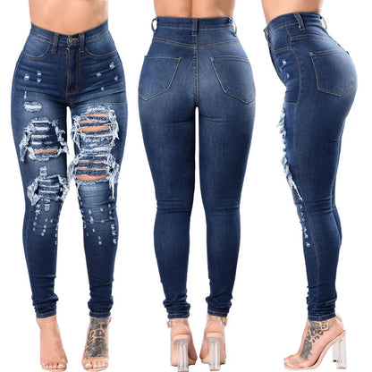 Washed Ripped High-waisted Slim-fit Small-leg Jeans, Four Seasons New Fashionable Casual Skinny Jeans for Women, Pencil Pants