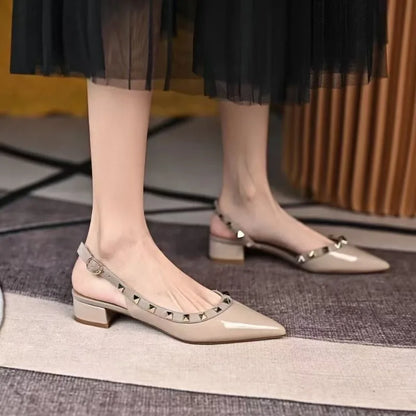 High-quality women's summer high heels fashion retro rivet pointed patent leather casual comfortable shallow office sandals