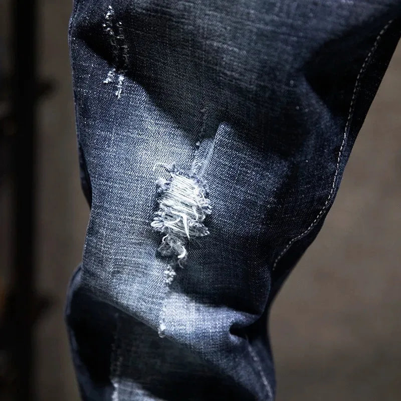 American High Street Men's Jeans Trendy Ripped Worn-out Hole Punch Elastic Straight Cut Slim Fit Streetwear Pant for All Seasons