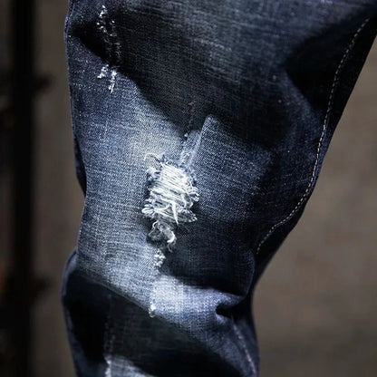 American High Street Men's Jeans Trendy Ripped Worn-out Hole Punch Elastic Straight Cut Slim Fit Streetwear Pant for All Seasons