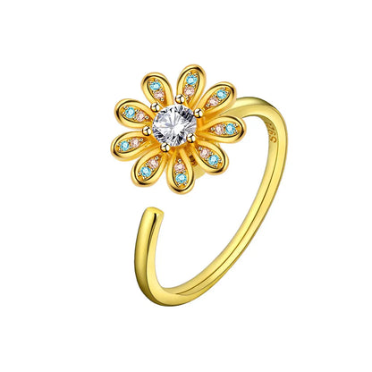 VENTFILLE 925 Sterling Silver Sunflower Diamond Zircon Rotatable Ring For Women Gift Relieve Stress Ring Jewelry Wholesale