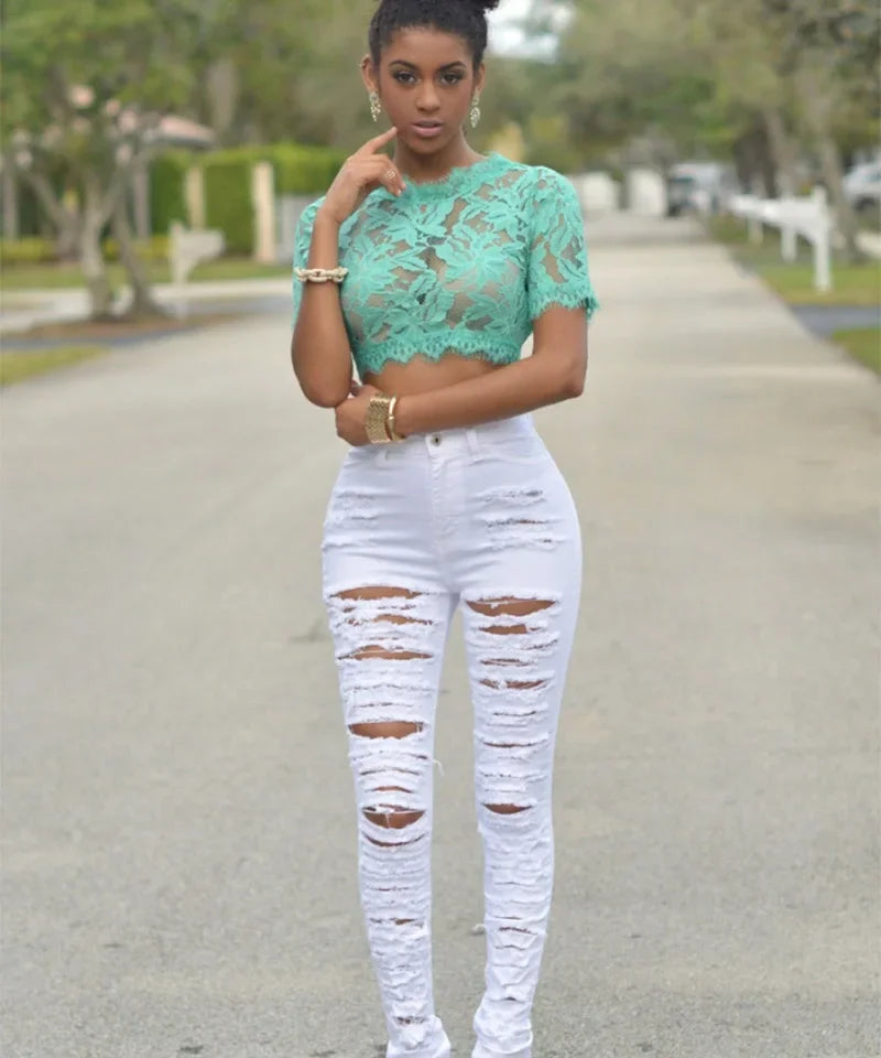 HOLE Denim Women 2025 High Waist Ripped Jeans for Women Skinny Black Pockets Jeans Woman Elastic Slim Jean Female Femme Pants