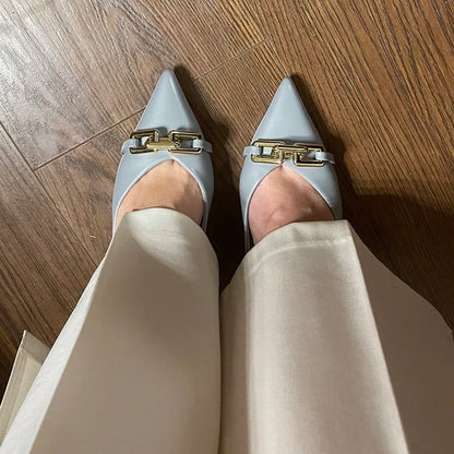 Women 7cm High Heels Pumps Lady Scarpins Fetish Nightclub Blue Nude Low Heels Wedding Party Metal Chain Buckle Fetish Prom Shoes