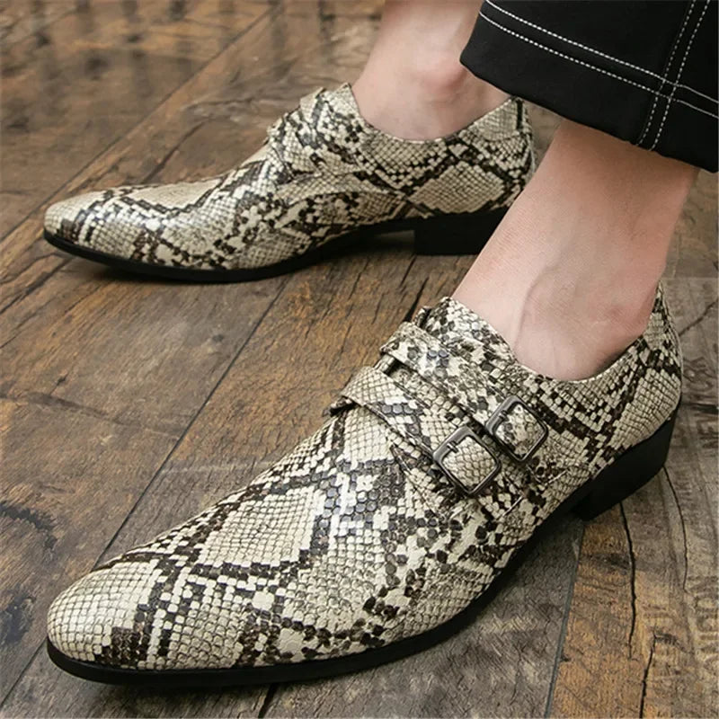 2025 Britain Gentleman Pointed Snakeskin Pattern Casual Shoes For Men Monk Strap Loafers Formal Wedding Dress Footwear