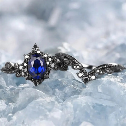 2Pcs/Set Fashion Black Gold Color Blue Rhinestone Zircon Rings For Women Full Crystal Rings Wedding Engagement Jewelry Gifts