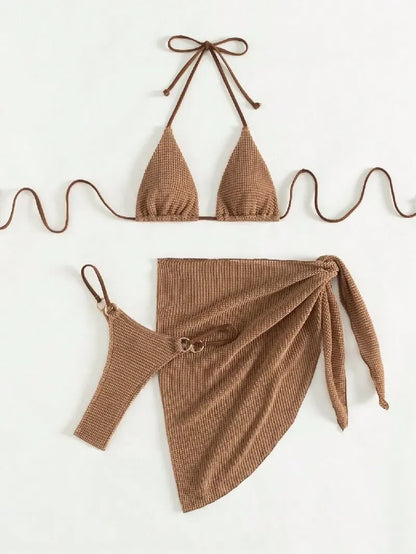 Sexy Brown Bikini Set 4 Women Halter Push Up Bra Skirt 3 Piece Swimsuit Summer Bathing Suit Cover Up Thong Swimwear Biquini