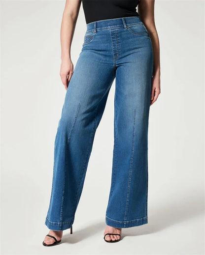 Stretch Elasticated Waist Wide Leg Jeans Women Fashion Chic Flared Trousers Loose Female Comfortable Commuter Casual Denim Pants