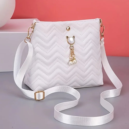 Women's Quilted Crossbody Bag with Cat Pearl Pendant - Elegant Shoulder Purse for Holiday gifts, 2025 Stylish Novelty Handbag