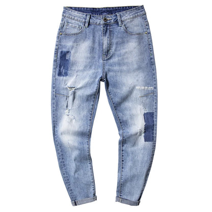 Summer Thin Men's Elastic Cotton Jeans - Fashionable Streetwear Blue Straight Fit Slim Casual Pants