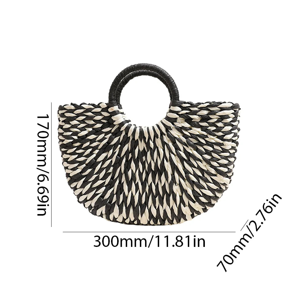 Women Straw Tote Handbag Large Capacity Half-Round Handbag Color Clash Semicircle Weaving Bag Summer Beach Handbag