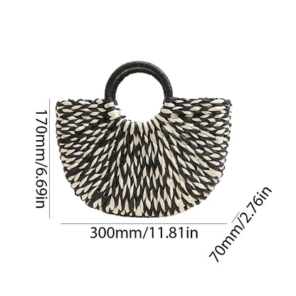 Women Straw Tote Handbag Large Capacity Half-Round Handbag Color Clash Semicircle Weaving Bag Summer Beach Handbag