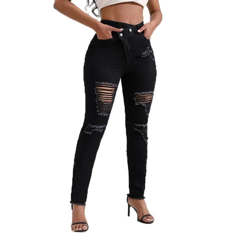 Women Jeans Denim pant High Waist Pencil Pants Holes Slim Fit Pockets Sexy Streetwear Solid Sheath Distressed Ankle Length 2025
