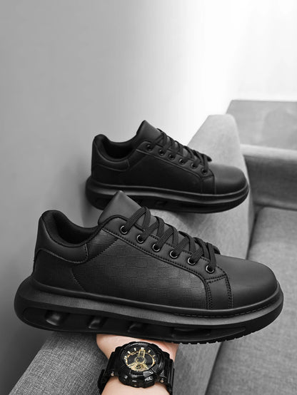 Men's Classic Black Small Square Comfortable Couple's Versatile Shock-Absorbing Sneakers, Fashionable Outdoor Travel Lace-Up Leather Splicing Street Flats Shoes Casual Shoes