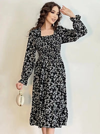 Long Sleeve Casual Dress Women Chiffon Dresses Autumn Spring A-line Printed Floral Elastic Chest Lace Up Midi Dresses Vestidos