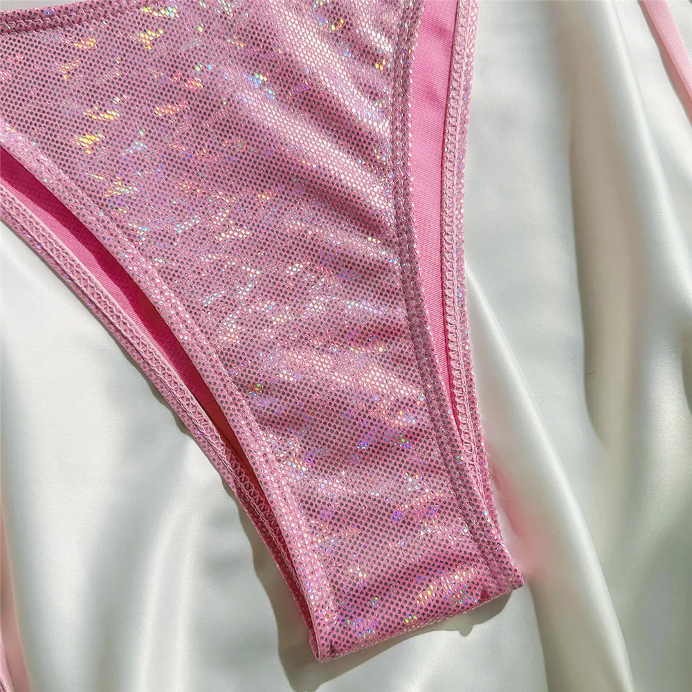 Pink Shiny String Halter Micro Bikini Thong 2025 Sexy Swimsuit Women Holiday Bow Swimwear Bathing Suit Triangle Bikinis Sets