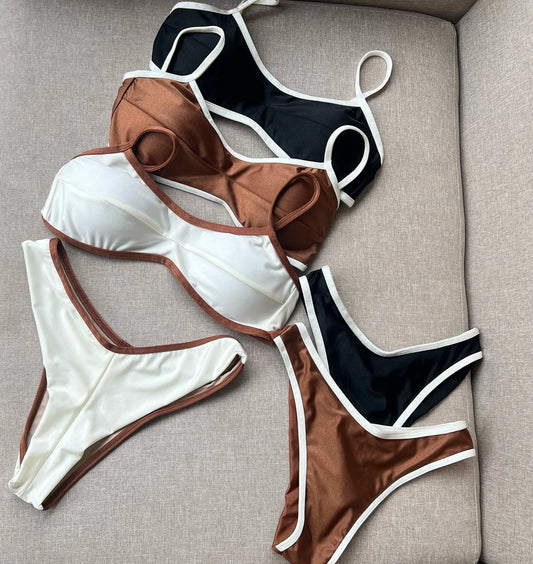 Bikini Women Swimsuit Female Swimwear Bandeau Thong Bathing Suit Shiny Swimming Suits Halter Bodysuit Beachwear