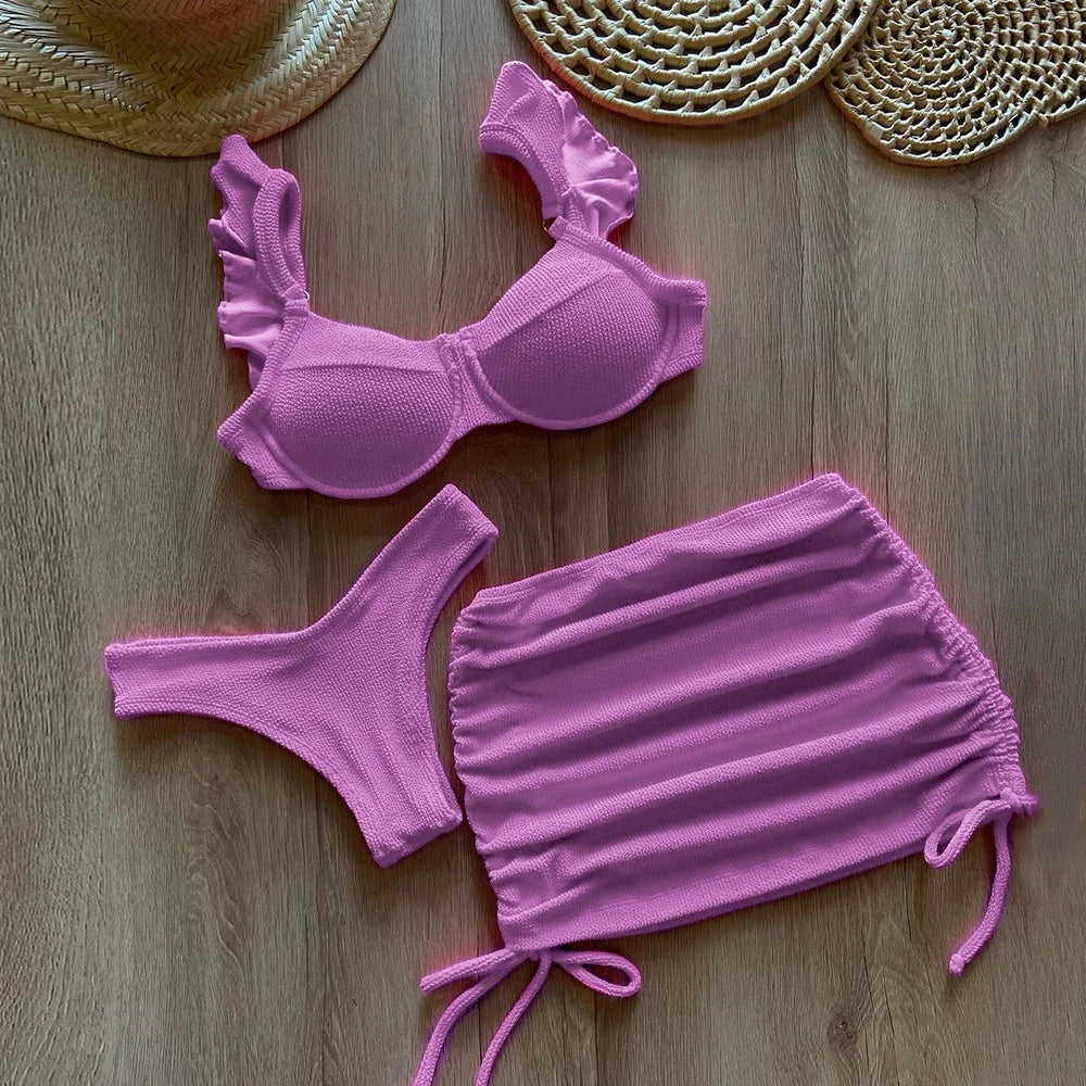 Solid Wavy Fabric Low Waist Bikini Set Cover Up Swimsuit For Women Push Up Ruffle Three Pieces Swimwear 2025 Beach Bathing Suits