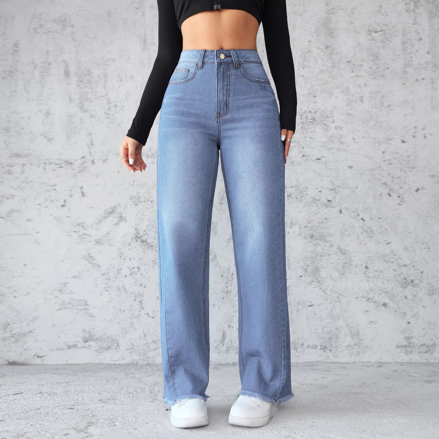 New Temperament High-waisted Wide-leg Jeans. Four Seasons Fashionable,simple,comfortable and Casual Straight-leg Jeans for Women