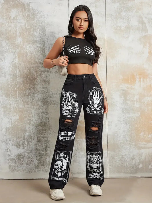 2025 New Style Women's Jeans Women's Spring And Autumn New Hot Selling Street INS Same Style Print Ripped Straight Jeans