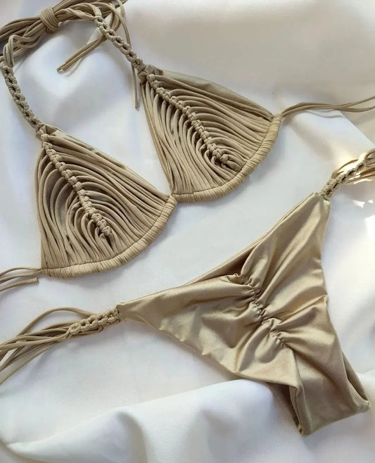 2025 New Bandage Stripe Brazilian Bikini Swimwear Women's Braided Rope Swimsuit Two Piece Set Female Sexy Mujer Beachwear Summer