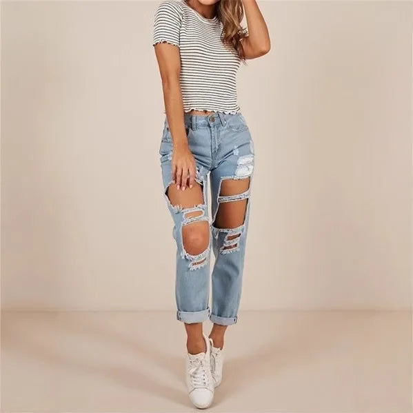 2025 Street Personality Washed Ripped Straight-leg Jeans. New Fashionable and Casual 9-inch Jeans for Women in Spring and Summer