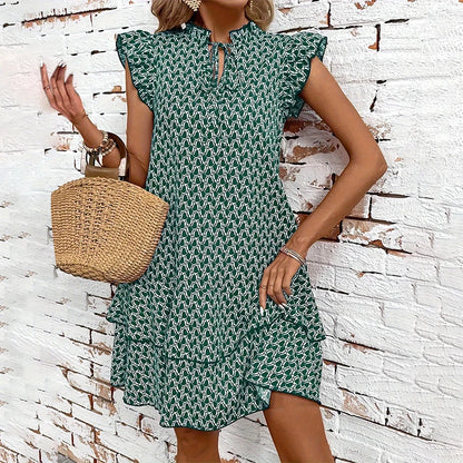 Dress 2024 No rules print design summer casual slim-fit lotus sleeve fashion women's V-neck dress army green dress standard code