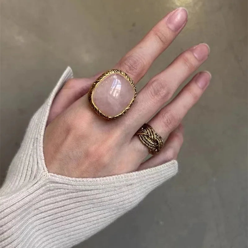Vintage Geometric Metal Square Natural Stone Ring For Women Exaggerated Trendy Finger Jewelry Party Accessories