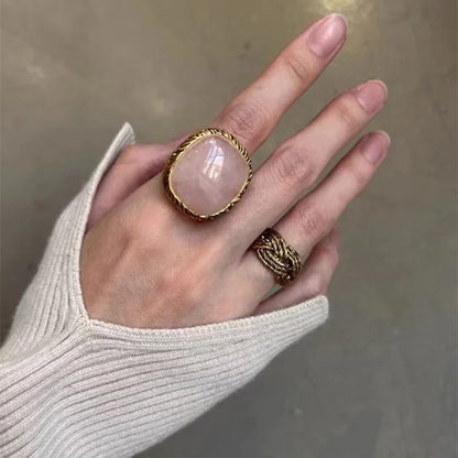 Vintage Geometric Metal Square Natural Stone Ring For Women Exaggerated Trendy Finger Jewelry Party Accessories