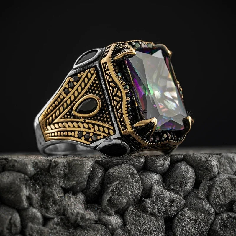 New Copper Material Open Adjustable Ring Black Gemstone Personality High Jewelry Fashion Luxury Business Suitable for Men Gift
