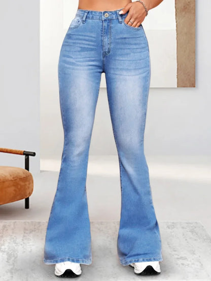 Light blue fashionable stretch jeans flared pants