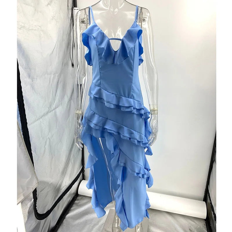 Women Dress Summer Hotsweet Tierred dress Fashion asymmetrical Spaghetti Strap long dresses Sexy lady Holiday Beach Dresses