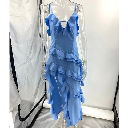 Women Dress Summer Hotsweet Tierred dress Fashion asymmetrical Spaghetti Strap long dresses Sexy lady Holiday Beach Dresses