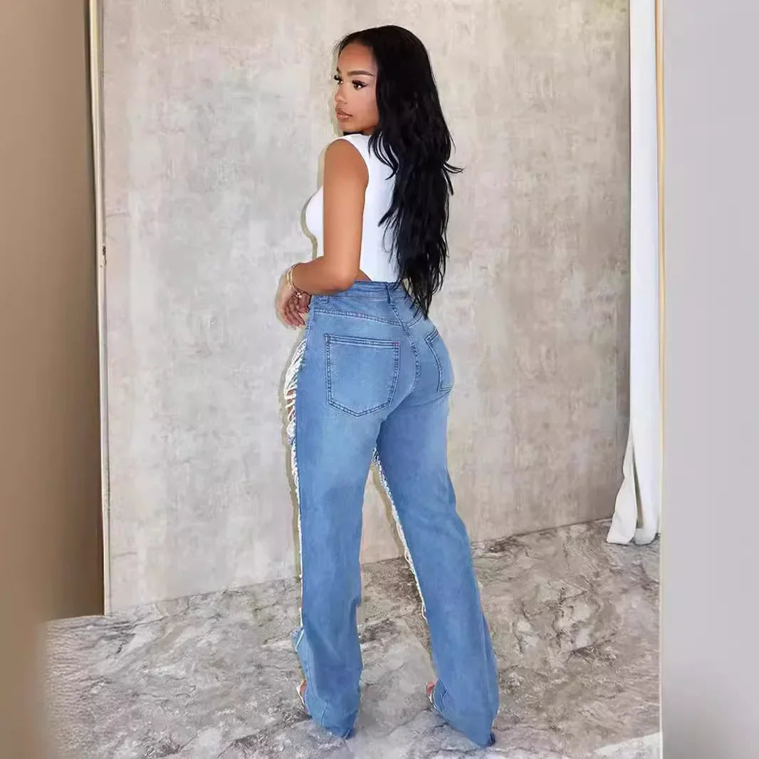 Spice Girl Summer Pants Ripped Heavy Industry Beaded Elastic Trousers  Fashion Personality Jeans