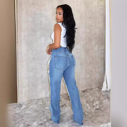 Spice Girl Summer Pants Ripped Heavy Industry Beaded Elastic Trousers  Fashion Personality Jeans