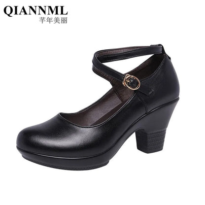7cm Small Size 32-43 Gladiator Pumps Women Genuine Leather Shoes 2025 Med Block Heels Platform Shoes for Office Model Dance Mom