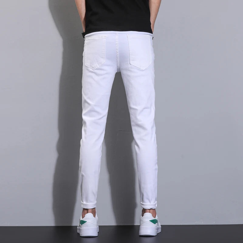 Summer men's pure white jeans high-end comfortable slim fit denim pants versatile micro elastic straight leg casual pants