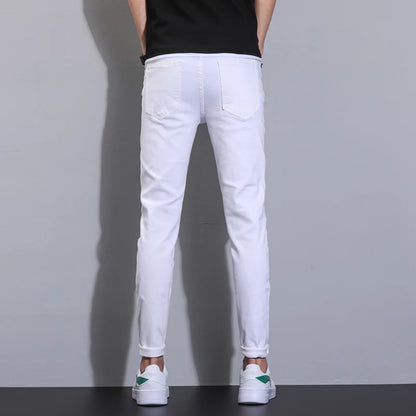 Summer men's pure white jeans high-end comfortable slim fit denim pants versatile micro elastic straight leg casual pants