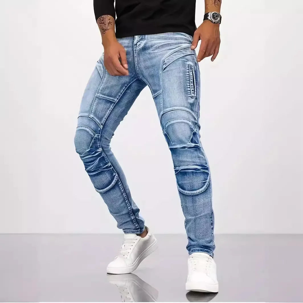 Pencil Jeans Men Ankle Length Denim Pants Washed Ripped Jeans Spliced Patchwork Pockets Slim Fit Moto Biker High Waist Man