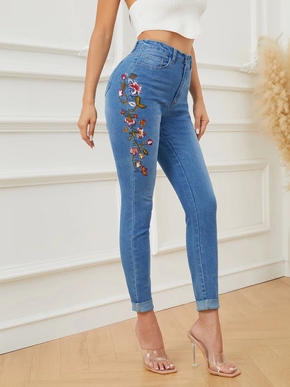 2023 Winter New High Waist Embroidered Jeans for Women Fashionable Stretch Slim Ankle-Length Denim Pencil Pants S-XL