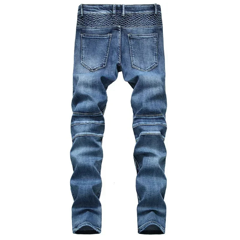 New Men's Casual Motorcycle Jeans Stretch Straight Fashion Male Hip Hop Street Riding Slim Pants Patchwork Denim Trousers