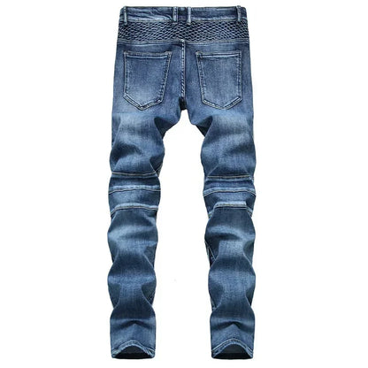 New Men's Casual Motorcycle Jeans Stretch Straight Fashion Male Hip Hop Street Riding Slim Pants Patchwork Denim Trousers