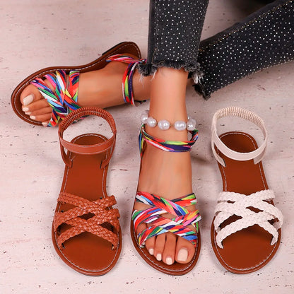 Shoes for Women  Summer New Women Flat Sandals Bottom Roman Strap Sandals with Non Slip Rubber Soles Ladies Daily Sandalia