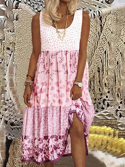 Plus Size Casual Women's Midi Dress 2025 Summer New Floral Printed Sleeveless Flat Neck A-Line Bohemian Beach Dresses