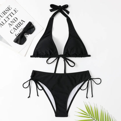2025 Sexy Halter Bikini Swimsuit Low Waisted Black/Red/Rose Beach Bathing Suit Cheap Bandage Brazilian Swimwear Two Pieces Sale
