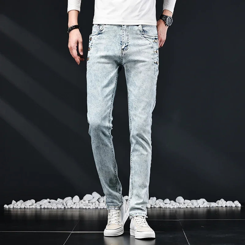 Slim Skinny Jeans Men New Elastic Korean Design Fashion Multi-Button Blue White Vintage Wash Cotton Stretch Denim Pants Trousers