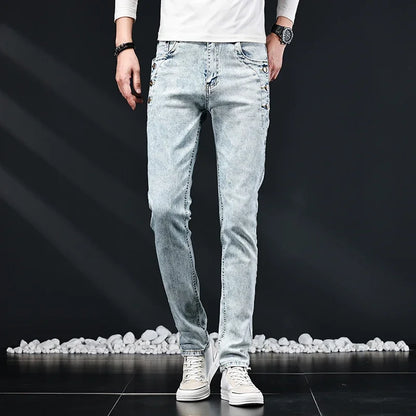 Slim Skinny Jeans Men New Elastic Korean Design Fashion Multi-Button Blue White Vintage Wash Cotton Stretch Denim Pants Trousers
