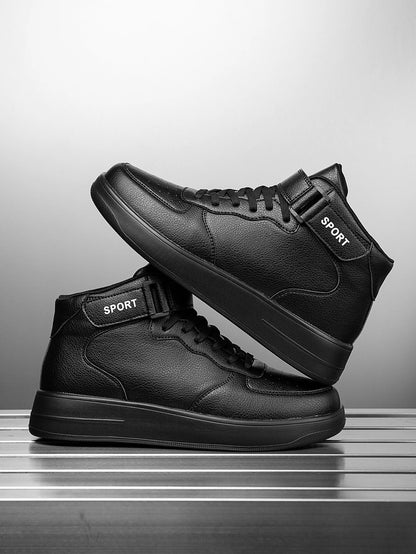 Men's Classic Fashionable Black Leather Spliced Velcro High-Top Casual Sneakers, Simple Daily Versatile and Comfortable Couple Sneakers