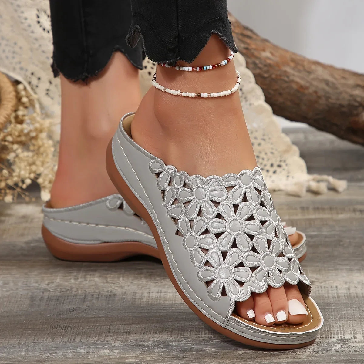Women's Elegant Floral Comfort Sandals – Hollow-Cut Stylish Wedge Design Versatile Slides for Casual & Beach Wear